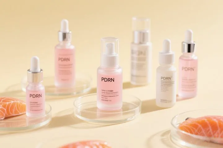Various PDRN skincare products in pink bottles are displayed along with slices of salmon on glass trays.